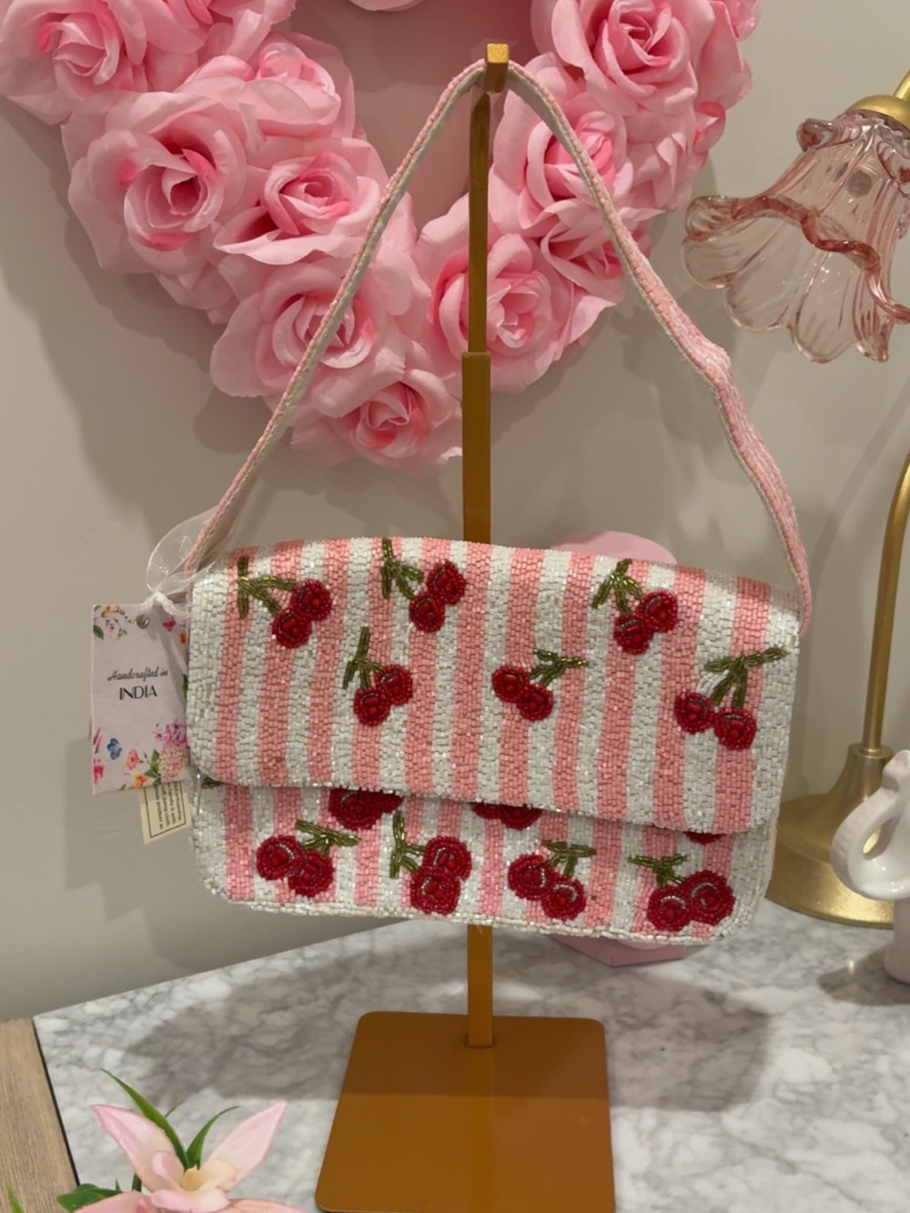 Beaded Cherry Shoulder Bag - Pink & White Stripes